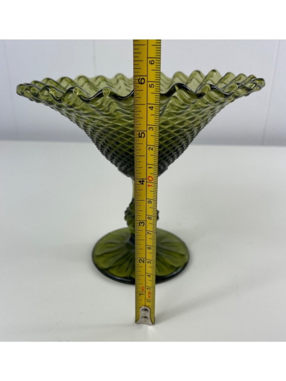 Vintage Green Glass Compote With Diamond Pattern & Ruffled Edge Pedestal Bowl - Picture 9 of 11